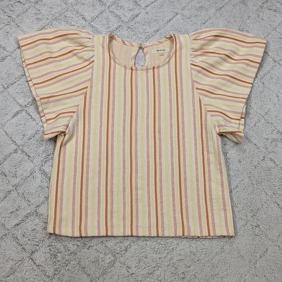 Madewell Shirt Women's S Beige Afterglow Red Stripe Texture Flutter Crop Top - Picture 1 of 8